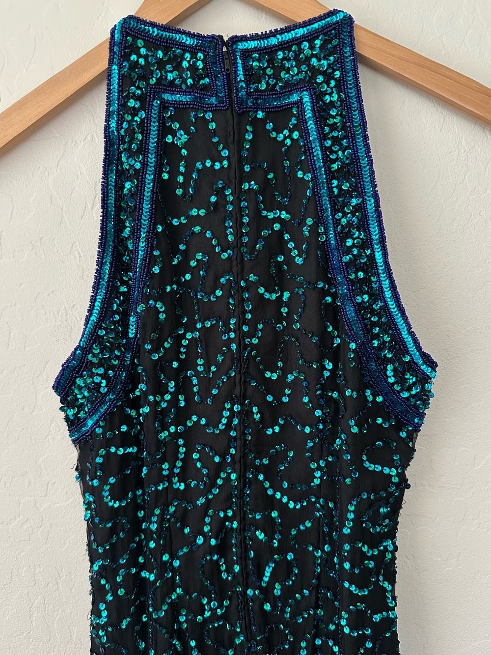 Vintage Laurence Kazar Black Silk Sequin Front Slit Halter Formal Gown, L - Picture 5 of 11